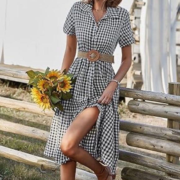 Dresses & Skirts - Black White Gingham Plaid Check Midi Button Down Tiered Dress XL